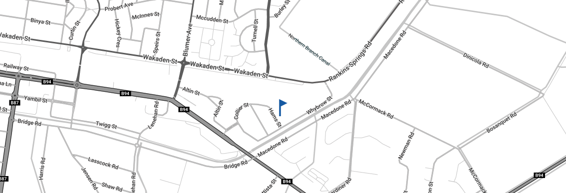 Map with road network and a blue marker indicating a specific location.